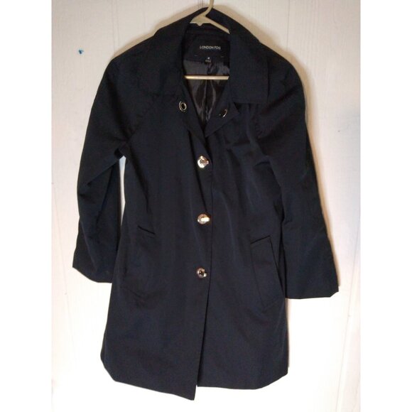 London Fog Womens Sz M Lined Black Coat Metal Grommet Latch Fastener - Picture 1 of 7